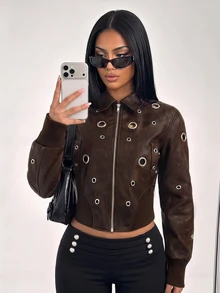 SHEIN ICON Women's Streetwear Gothic Punk Brown Fitted Zip Up Eyelet Moto Biker Eyelet Design Long Sleeve Zip-Up Jacket Fall Winter - Brown - View 3