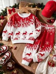 男孩聖誕衛衣套裝，鹿、雪花及其他聖誕元素，圓領衛衣搭配純紅色長褲，適合派對、假期及其他場合 - 彩色 - 查看 6