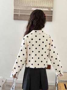 SHEIN TWEEN GIRLS 青少年女孩波點牛仔夾克，四季休閒可愛復古風，白色底黑波點配色，滿版波點印花，翻領單排扣，毛邊下擺，雙胸袋，短版寬鬆版型，舒適柔軟棉質牛仔面料，春/秋熱銷款 - 白色 - 查看 3