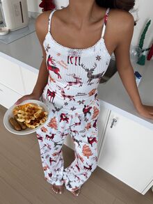 ZzzCrew Christmas Pajama Set With Strapless Pants, Cute Reindeer Print, High-Quality Ribbed Fabric With Lace Accents - Red - View 6