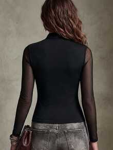 SHEIN ملابس علوية نسائية جديدة بطراز صيني، طبقة أساسية بياقة واقفة وزخرفة معدنية على شكل قطرة ماء مفرغة، قصة ضيقة أنيقة بأكمام طويلة من الشبك، مناسبة للتنقل والمواعيد والحفلات - الأسود - مشاهدة 2