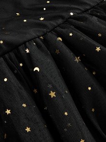 Pitira Gaun Anak Perempuan Remaja Warna Hitam, Modis, Elegan dengan Motif Bintang dan Bulan Emas, Lengan Panjang Jala, Cocok untuk Halloween atau Pesta. - Hitam - View 5