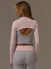Musera Sport Double Layered Contrast Piping Scoop Front Long Sleeve Coord Top Cute Girly Autumn Winter Fall Gym Holiday Dainty Ice - Pink - View 4