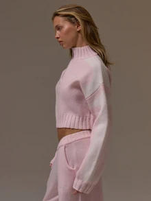 Musera Sport Knitted Funnel Neck Quarter Zip Contrast Panel Design Boxy Cropped Fit Coord Jumper Cute Girly Autumn Winter Fall Gym Holiday Dainty Ice - Pink - View 3