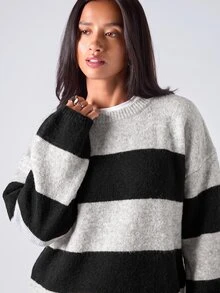 LYSMO Women's Round Neck Drop Shoulder Long Sleeve Casual Loose Striped Sweater - Multicolor - View 6