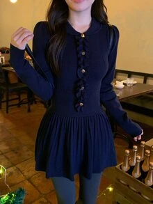 DAZY Women's Solid Color Lapel Collar Elegant Knit Sweater 2 Pieces Set - Navy Blue - View 5