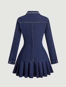 Sweetra Fashion Casual Young Lady Commuter Style Rivet Open Front Button-Up Denim Pleated Dress - Dark Wash - View 2