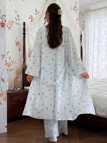 CottageSlumber Plus Size Women's Striped Floral Print Camisole Top, Long Pants And Long Sleeve Robe Pajama Set, Lace Trim Patchwork Design, All Season Sleepwear, Comfortable Homewear - Blue - View 2