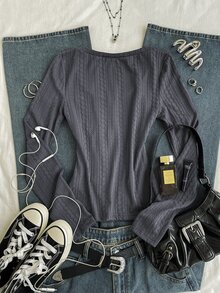 Attitoon Women's Korean Style Textured Button Long Sleeve T-Shirt For Daily Wear And Vacation - Grey - View 2