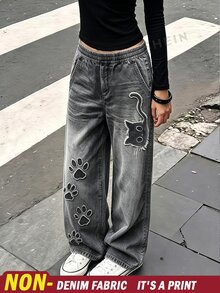 SHEIN Sparklyn 青少年女孩彈性腰拼接休閒可愛街頭風百搭日常長褲 校園灰色秋季 - 黑色 - 查看 1