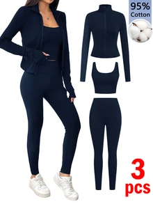 SHEIN EZwear 休閒極簡純色海軍藍針織女款運動套裝，適合秋冬底層穿搭、瑜伽、跑步與運動 - 藏蓝色 - 查看 11