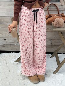 SHEIN EZwear 女款全印花休閒百搭日常穿著長褲 - 粉色 - 查看 5
