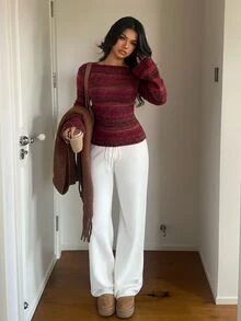 Aloruh Women's Striped Casual Versatile Daily Long Sleeve Sweater - Burgundy - View 6