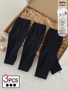 SHEIN BABY GIRLS 3-Pack Ribbed Knit Leggings, Solid Black Skinny Fitted Long Pants, Soft Breathable Cotton Everyday Bottom Trousers For Fall Outfits - Black - View 4