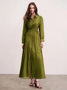 Aveloria Modichic Commuter Design, Belt Waist Cinched Decoration, Fashionable Elegant Pleated Quilted Versatile Slimming Long Dress - Olive Green - View 3