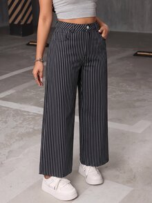 Jeanoix 大尺碼女款條紋休閒日常牛仔褲 - 黑與白 - 查看 5