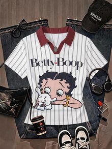 Attitoon Betty Boop x SHEIN 女款 Betty 聯名印花圖案 T 恤，適合外出、街頭穿搭、機場造型、時尚、返校、Y2K、派對、海灘度假、節日 - 彩色 - 查看 2