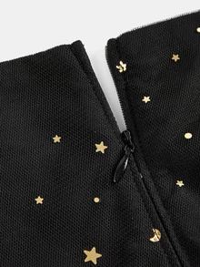 Pitira Gaun Anak Perempuan Remaja Warna Hitam, Modis, Elegan dengan Motif Bintang dan Bulan Emas, Lengan Panjang Jala, Cocok untuk Halloween atau Pesta. - Hitam - View 6