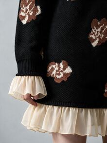 Omancia Elegant High Neck Ruffle Design Long Sleeve Women's Sweater - Black - View 5