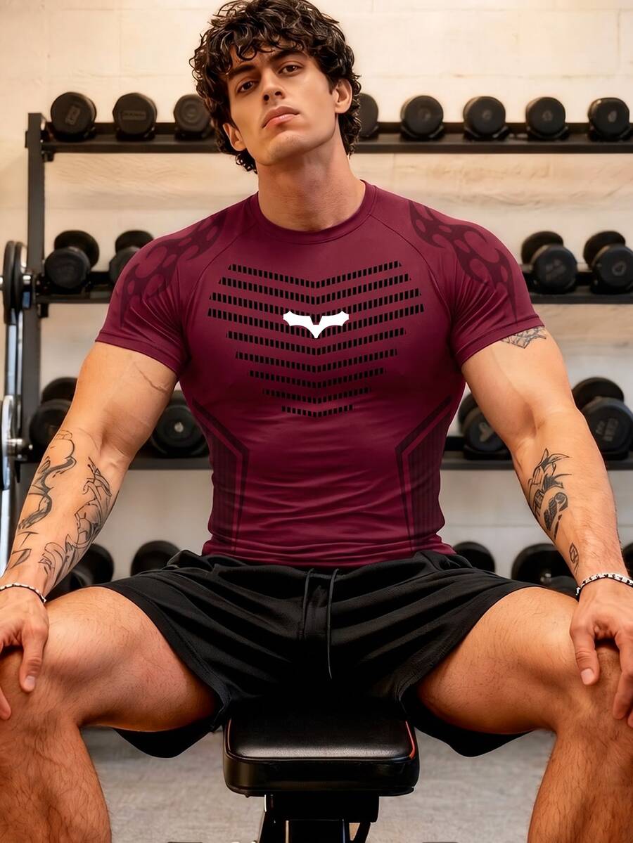 GymBeat 男士對比色短袖壓縮運動T恤,健身房適用 - 彩色 - 查看 1