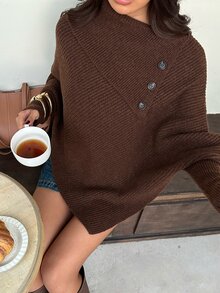 Dulcita Women's Solid Color Casual Versatile Daily Wear Long Sleeve Sweater - Brown - View 6