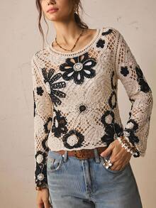 Freevana Women's Floral Pattern Casual Everyday Long Sleeve Sweater - Black and White - View 1