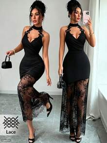 SHEIN PETITE فستان ماكسي أسود برقبة هالتر ودانتيل للنساء عصري - الأسود - مشاهدة 8