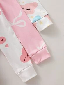 SHEIN (5套隨機發送 1套女童幼兒針織圓領長袖上衣與長褲 白色 藍色 粉色 雲朵愛心蝴蝶結卡通圖案 可愛簡約休閒舒適柔軟貼身家居服 適合四季) - 彩色 - 查看 3