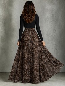 SHEIN Gaun Panjang Wanita Motif Leopard dengan Blok Warna untuk Pesta dan Perjalanan - MultiWarna - View 3
