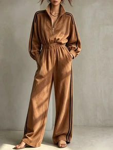 SHEIN جمبسوت نسائي رياضي عتيق من الشمواه باللون البني الكاكي، بياقة واقفة وسحاب أمامي وجيوب وتصميم كتل لونية، بأكمام طويلة، كاجوال وأنيق للشارع والتنقل، لفصلي الخريف والشتاء - بني - مشاهدة 5