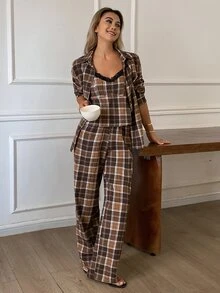 DAZY Women's Plaid Long Sleeve Top, Camisole And Pants Pajama Set - Coffee Brown - View 3