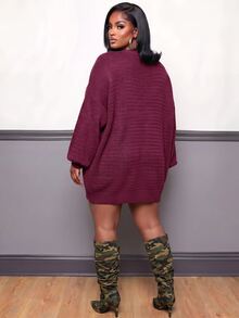 Slaydiva Plus Size Autumn/Winter Casual Solid Color Knit Dress - Purple - View 2