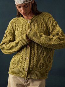 Bohemela Women's Dropped Shoulder Long Sleeve Cable Knit Single-Breasted Cardigan - Green - View 3