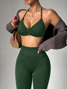 Dewbera Dewbera 女款波點掛脖上衣與緊身褲休閒日常運動套裝 - 綠色 - 查看 2