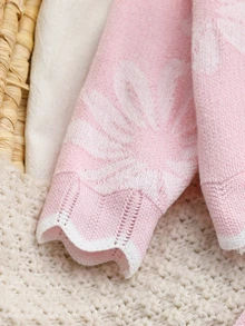 SHEIN Baby Outfit Set Pink Floral Baby Sweater Set Round Neck Long Sleeve Knit Top And Pants - Baby Pink - View 6