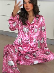 ZzzCrew HELLO KITTY AND FRIENDS | SHEIN طقم بيجامة ساتان بطبعة قلب بأسلوب حلو، ملابس منزلية مريحة حريرية بأكمام طويلة من قطعتين - وردي - مشاهدة 4
