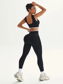 SHEIN Velisys 女款拼色短版上衣與緊身褲休閒日常運動套裝 - 彩色 - 查看 2