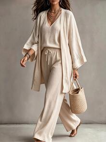 Linhara CURVE Plus Size Faux Cotton Textured Fabric Ruffle Sleeve Long Sleeve Open Front Kimono Cardigan + Simple Camisole Top + Elastic Waist Loose Straight Leg Pants 3-Piece Set Casual Outing Date Party Daily Commute Outfit - Apricot - View 8