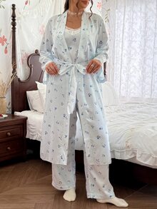 CottageSlumber Plus Size Women's Striped Floral Print Camisole Top, Long Pants And Long Sleeve Robe Pajama Set, Lace Trim Patchwork Design, All Season Sleepwear, Comfortable Homewear - Blue - View 7