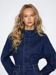 ATUI Studio Women's Stand Collar Long Sleeve Pocket Slim Fit Elegant Denim Dress - Blue - View 6