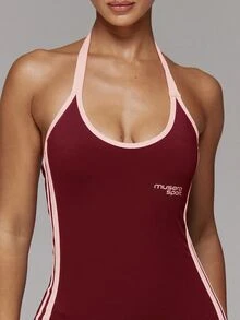 Musera Sport 對比色挖領前襟側條紋低背修身運動連身衣 奶油黃 秋冬健身房 皮拉提斯 健身 日常休閒 - 酒紅色 - 查看 6