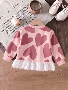 Sweet & Cool Heart Print Baby Girl Top, Red Heart Pattern All-Over Print, Delicate Lace Ruffle Hem, Stylish - Multicolor - View 4
