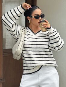 Dazy Plus Korean Style Colorblock Striped Loose Long Sleeve V-Neck Casual Streetwear Vacation Spring Autumn Pullover Knit Sweater - Black and White - View 2
