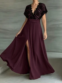 Weeklong 大尺碼女款春夏蕾絲拼接開衩設計休閒派對洋裝 - 酒紅色 - 查看 5