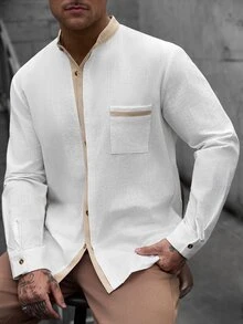 Manfinity CasualCool 男士拼色休閒百搭日常穿著長袖襯衫 - 白色 - 查看 3