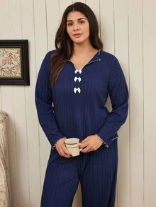 Doze Lane Plus Size Bow Decor Frill Trim Ribbed Knit Pajama Set - Navy Blue - View 5