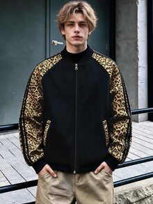 Manfinity Dauomo Men's Leopard Print Patchwork Casual Daily Long Sleeve Jacket - Black - View 5