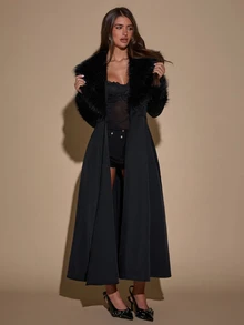 SHEIN BAE Women's Plush Patchwork Fashion Versatile Daily Casual Trench Coat Jacket - Black - View 3
