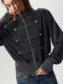 Bohemela Plus Size Women's Long Sleeve Zip-Up Casual Napoleon Jacket - Black - View 9