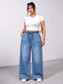 SHEIN PETITE CURVE 大尺碼女款腰部綁帶口袋寬腿寬鬆休閒牛仔褲 - 中等水洗藍 - 查看 5
